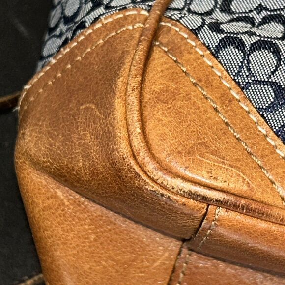 Coach Gallery Navy Blue Monogram W/ British Tan Leather Shoulder Tote F11526 - Picture 9 of 16